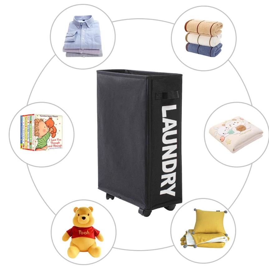 Rolling Slim Laundry Basket Hamper Collapsible Dirty Clothes Hamper Tall Thin Laundry Basket Hamper on Wheels Eco-friendly 600D Fabric Oxford Waterproof Sorter Organizer for Home Corner Dorm Bathroom