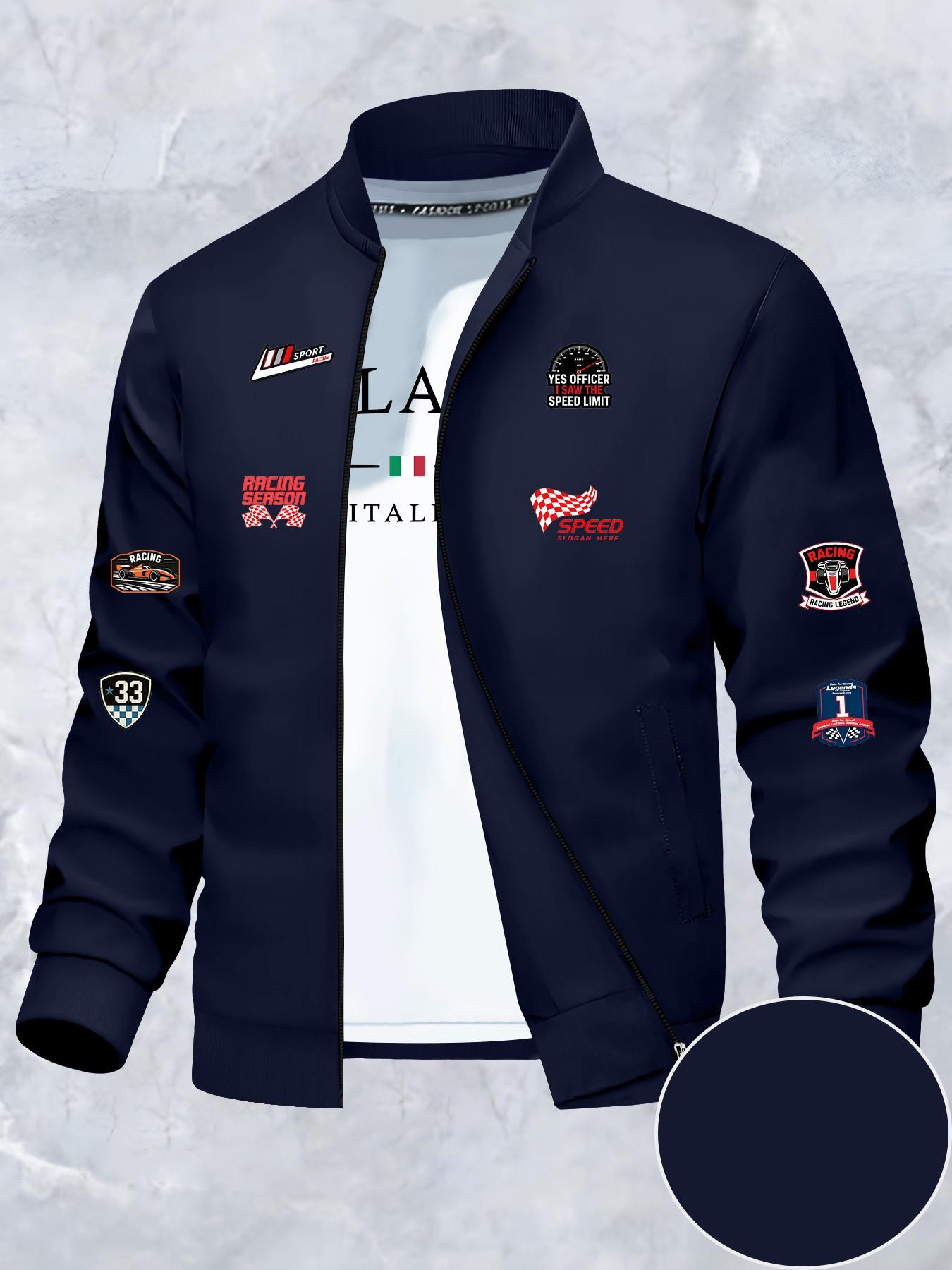 Racing Theme Zipper Jacket, Baseball Neck Design, Multiple Badge Patterns, Track Flags, Racing Cars, Gauges, All-Season Outerwear
