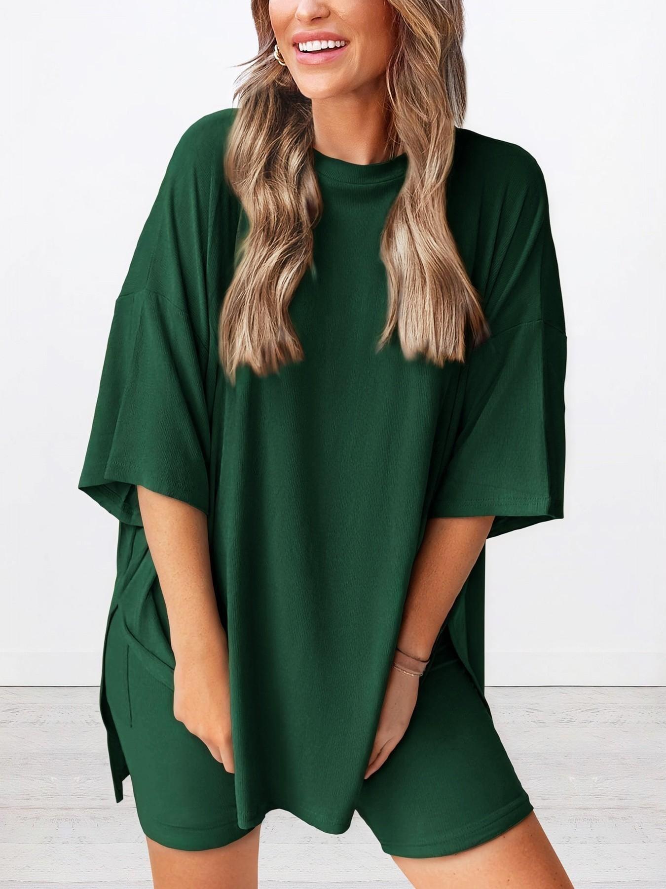 Women's Solid Color T-Shirt and Tight Shorts Set, Summer Comfort Round Neck Pajamas Loungewear, Nightwear, Pocket Design, Suitable for Outdoor Wear