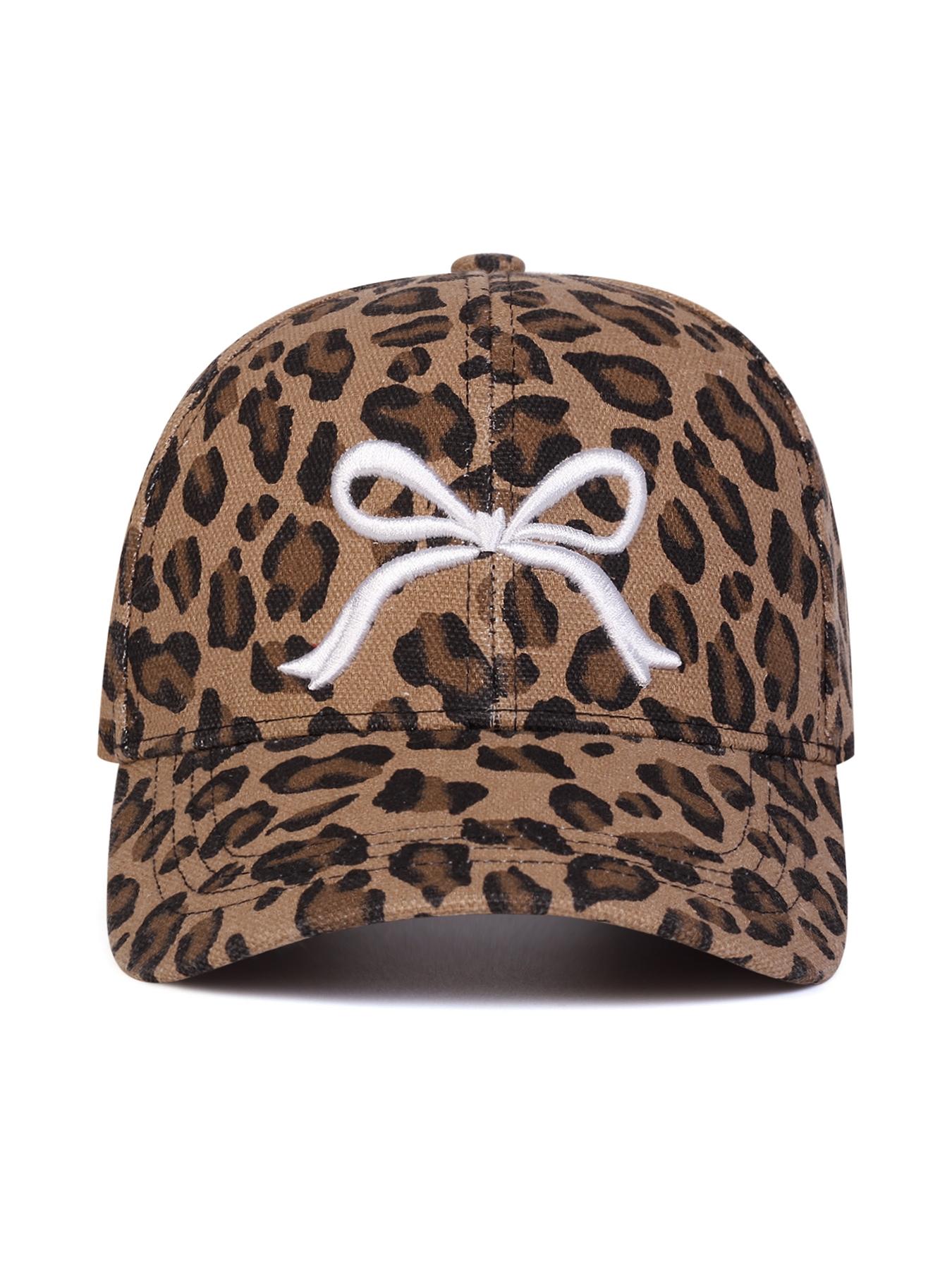 Unisex Leopard Print Baseball Cap with Bow Embroidery, Adjustable Fitted Sun Hat for Outdoor Travel Beach Vacation All Seasons Animal Print Snapback