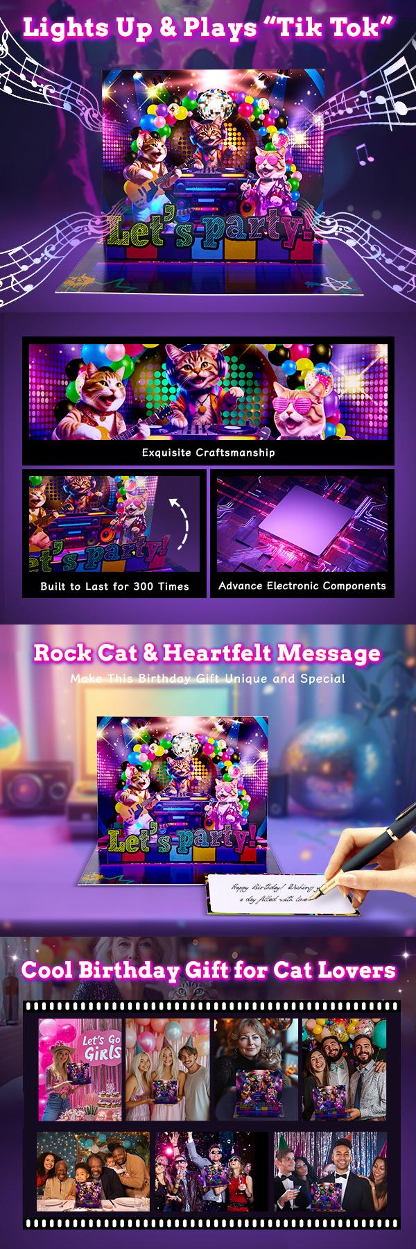 3D Pop-Up Musical Birthday Card with Rock Cats Design, Tik Tok Song and Flashing Lights, Surprise Gift for All Ages, Special Gift for Special One