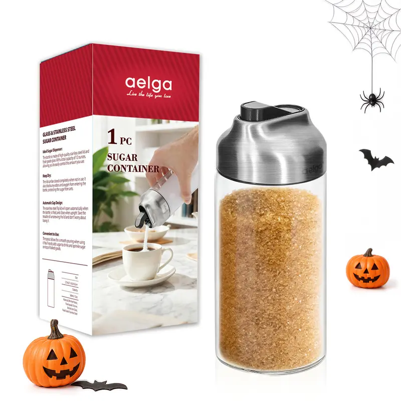 Aelga Glass Sugar Dispenser with Pour Spout and Weighted Pourer, Kitchen Gadgets, Coffee Bar Accessory for Coffee, Tea, Baking, Sohochic Gift Idea