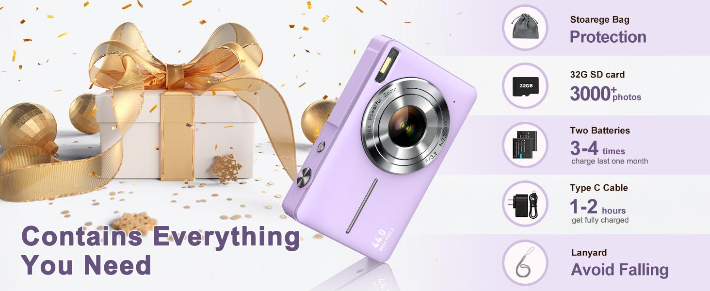 Fall New Arrivals | CAMKORY Portable Pocket Vlogging Camera with 32GB SD Card & Wrist Strap, Self Timer, Anti-Shake, 16X Digital Zoom, FHD Digital Point & Shoot Camera for Daily Photography, Perfect Holiday Gift for Adults, Teens & Kids【Lavender Purple】