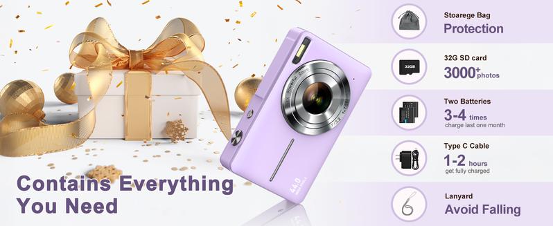 Fall New Arrivals | CAMKORY Portable Pocket Vlogging Camera with 32GB SD Card & Wrist Strap, Self Timer, Anti-Shake, 16X Digital Zoom, FHD Digital Point & Shoot Camera for Daily Photography, Perfect Holiday Gift for Adults, Teens & Kids【Lavender Purple】