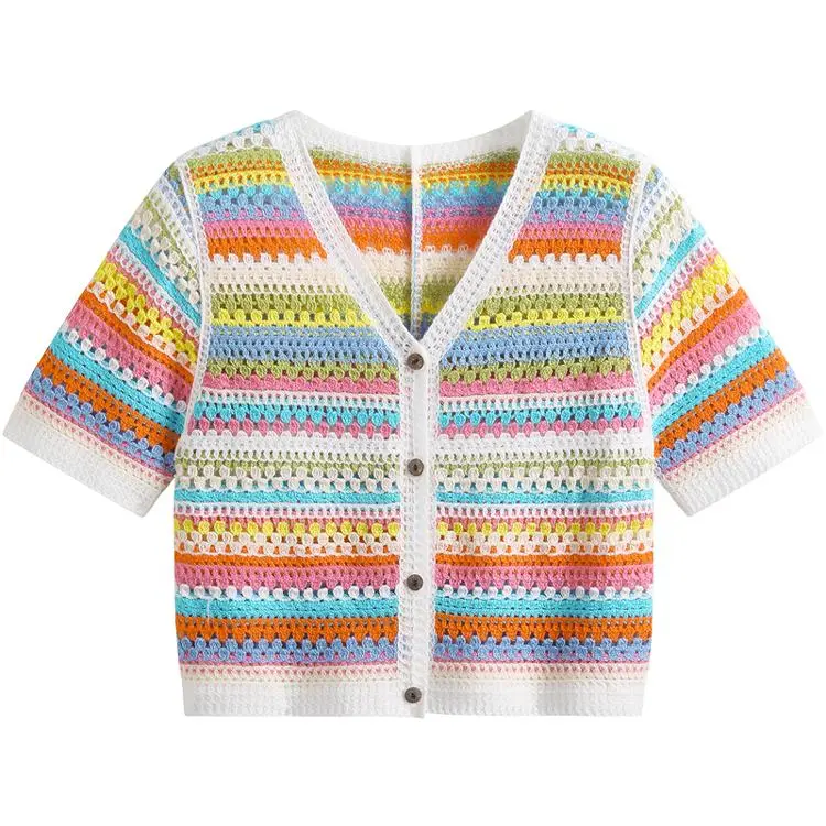 Rainbow Crochet Top Short Sleeve Multicolor Stried Blouse Cardigan Openwork Crop Knit Top for Women Teengirl Summer Outfit
