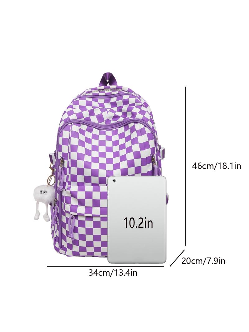 1pc  Women's backpack with large capacity, zipper closure, checkered pendant, fashionable and versatile, suitable for students to go to school, campus, go to work, commute, women's backpack, Plaid Pattern Backpack