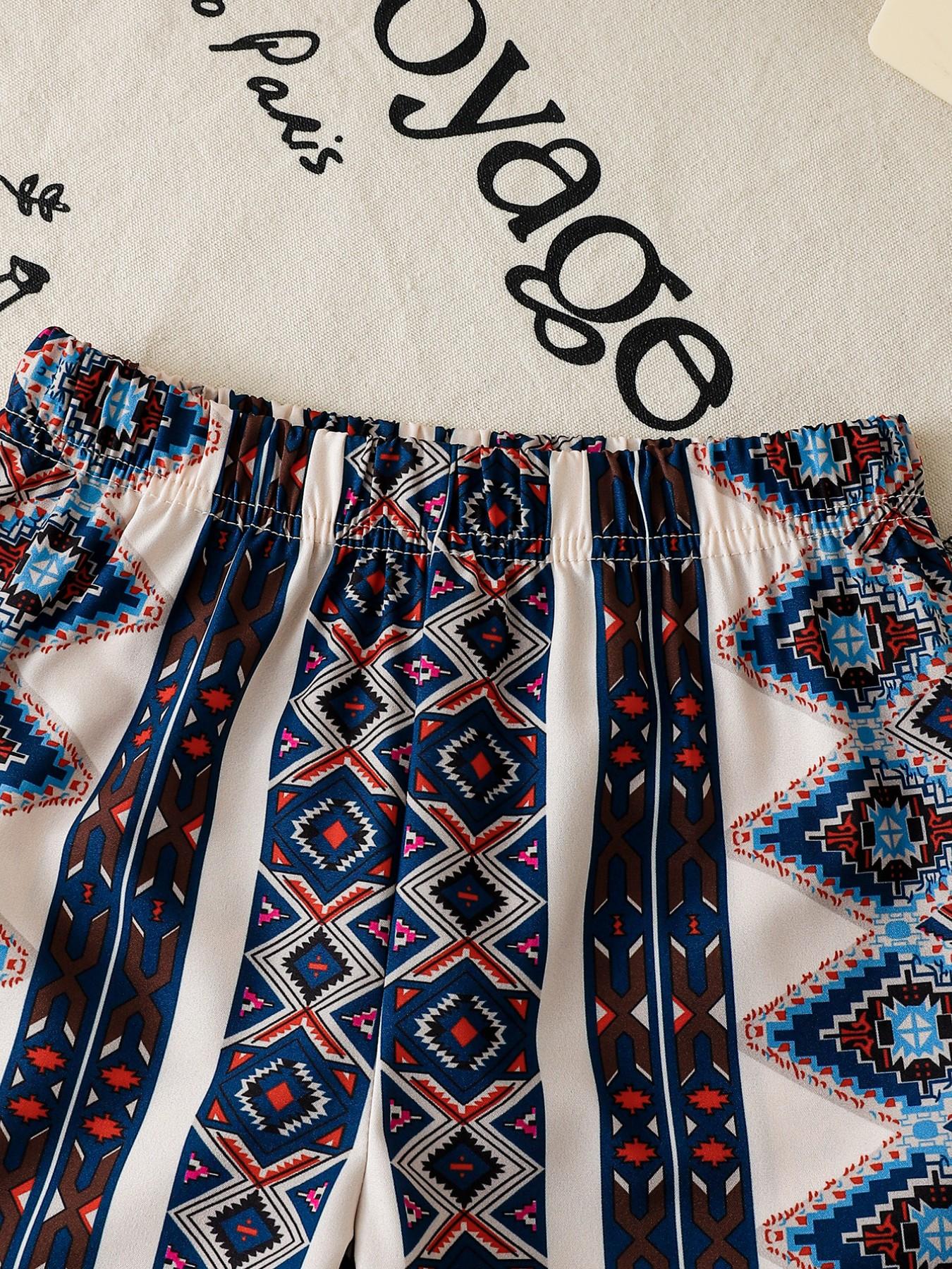 Boys' Summer Classic Fashion Set, Button Half-Open Crew Neck Short Sleeve Top & Geometric Pattern Shorts, Breathable 2-Piece