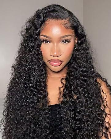 30 Inch Deep Wave Lace Front Wigs Human Hair 180% Density 13x4 HD Lace Frontal Wigs Human Hair Pre Plucked Deep Curly Glueless Wigs Human Hair for Women Natural Black