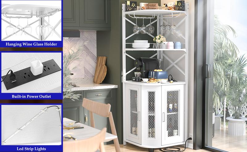Unikito Corner Wine Cabinet with Charging Station, LED RGB Lights, 3 Outlets & 2 USB Ports, Industrial Freestanding Bar Cabinet with Glass Racks, Storage for Kitchen/Living Room, 64.2" Height