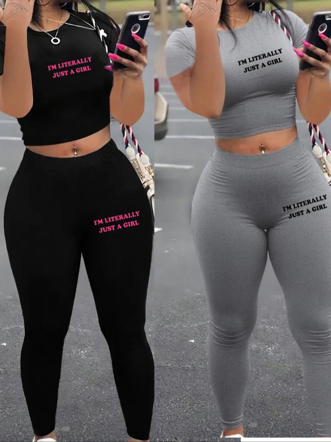 Two-Piece Set Women's Solid Fitted Crop Tee & Skinny Pants, Casual Chic Fashion Cozy Round Neck Short Sleeve Top & Trousers for Daily Outdoor Wear, Ladies Clothes for Spring & Fall