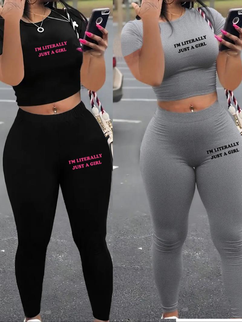 Two-Piece Set Women's Solid Crop Tee & Skinny Pants, Casual Fashion Cozy Round Neck Short Sleeve Top & Trousers for Daily Outdoor Wear, Ladies Clothes for Spring & Fall