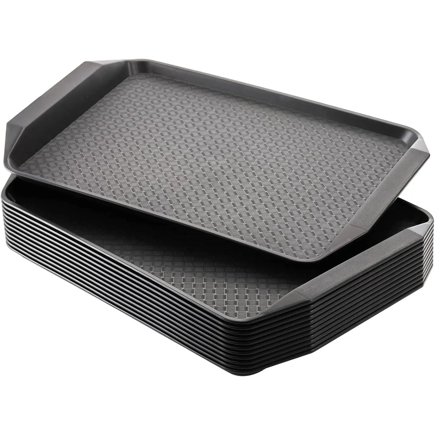 12 Pack Plastic Fast Food Trays for Eating, 17" x 11.7" Black Non-Skid Restaurant Serving Trays with Handles, Rectangular Cafeteria Tray for Coffee, Parties, Lunch Table, Kitchen