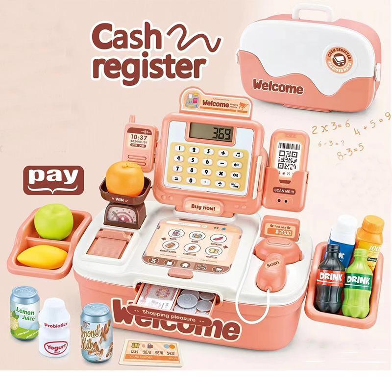 Simulation Cash Register Toy, Supermarket Cash Register Toy with Scanner & Coin & Bank Card & Food, Pretend Play Toy for Kids