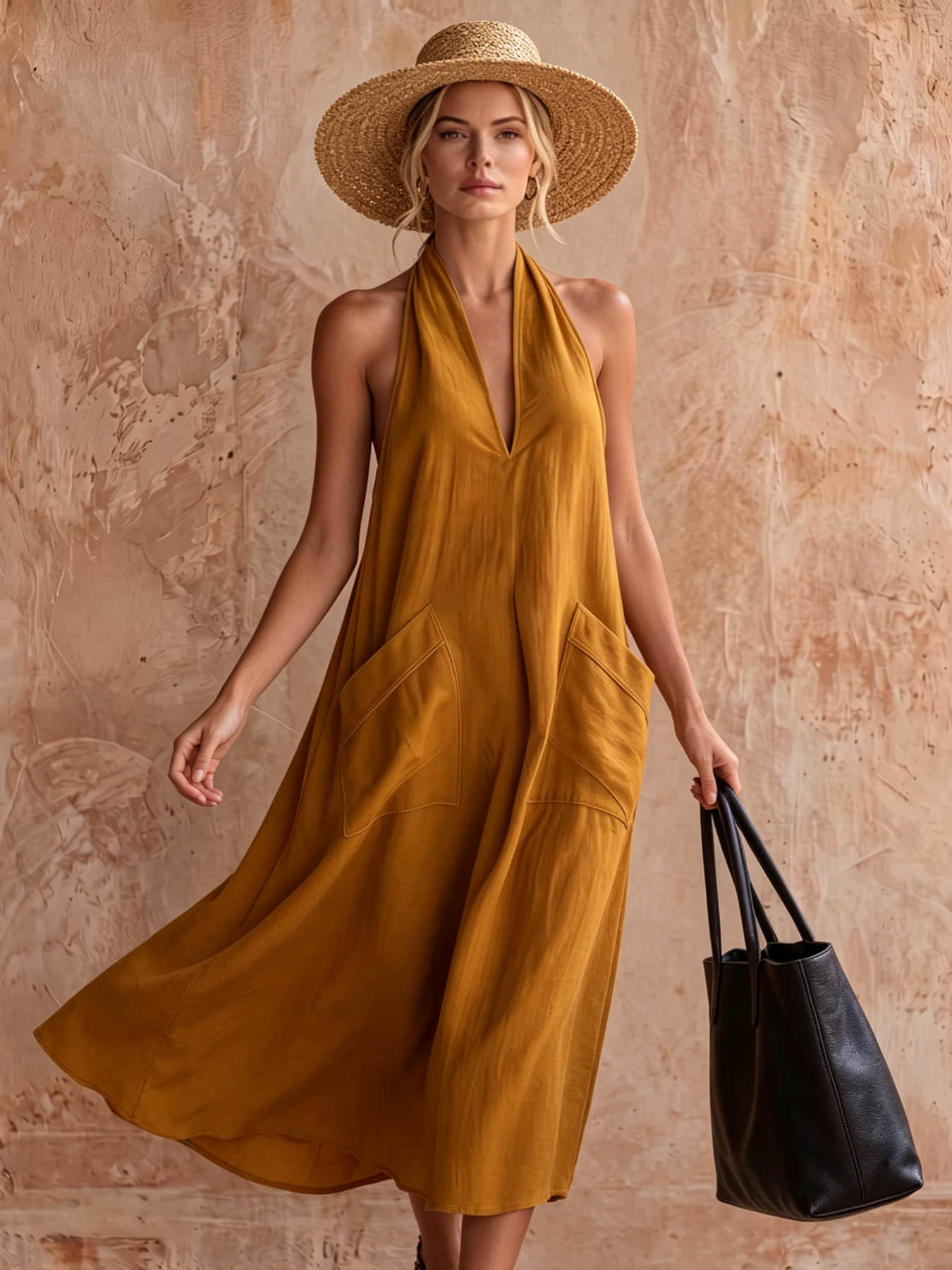 A fashionable women's neck hanging V-neck dress, summer Minimalist Casual loose sleeveless mid length lazy vacation long dress beach party dress suitable for beach vacation, coffee shop relaxation, afternoon tea, daily commuting, light office banquet
