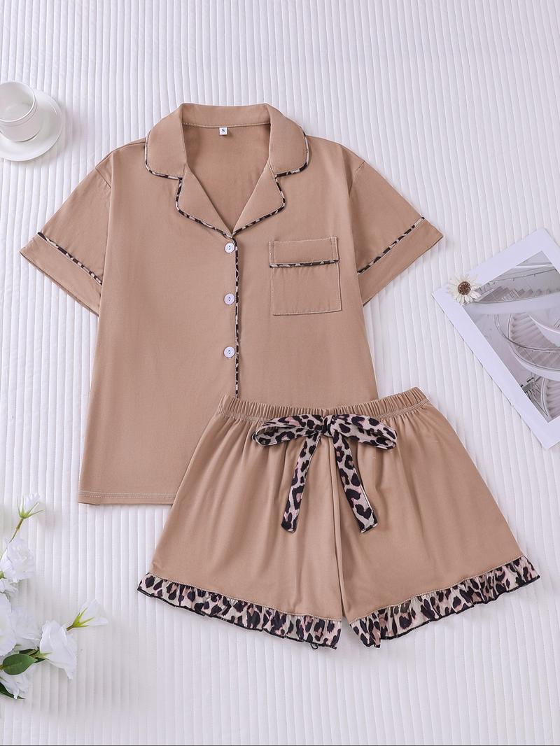 Women's Contrast Binding Pajama Two-piece Set, Short Sleeve Button Up Top & Shorts Pj Set, Casual Comfy Loungewear Set for Women, Nightwear, Casual Sleepwear Set