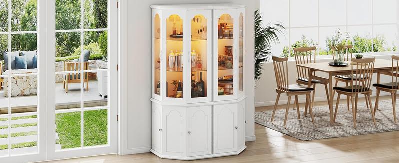 Corner Bar Cabinet LED Lights, Tall Modern Wine Cabinet with Tempered Glass Door & Adjustable Shelves, Home Bar Liquor Storage Cabinet with Glass Rack