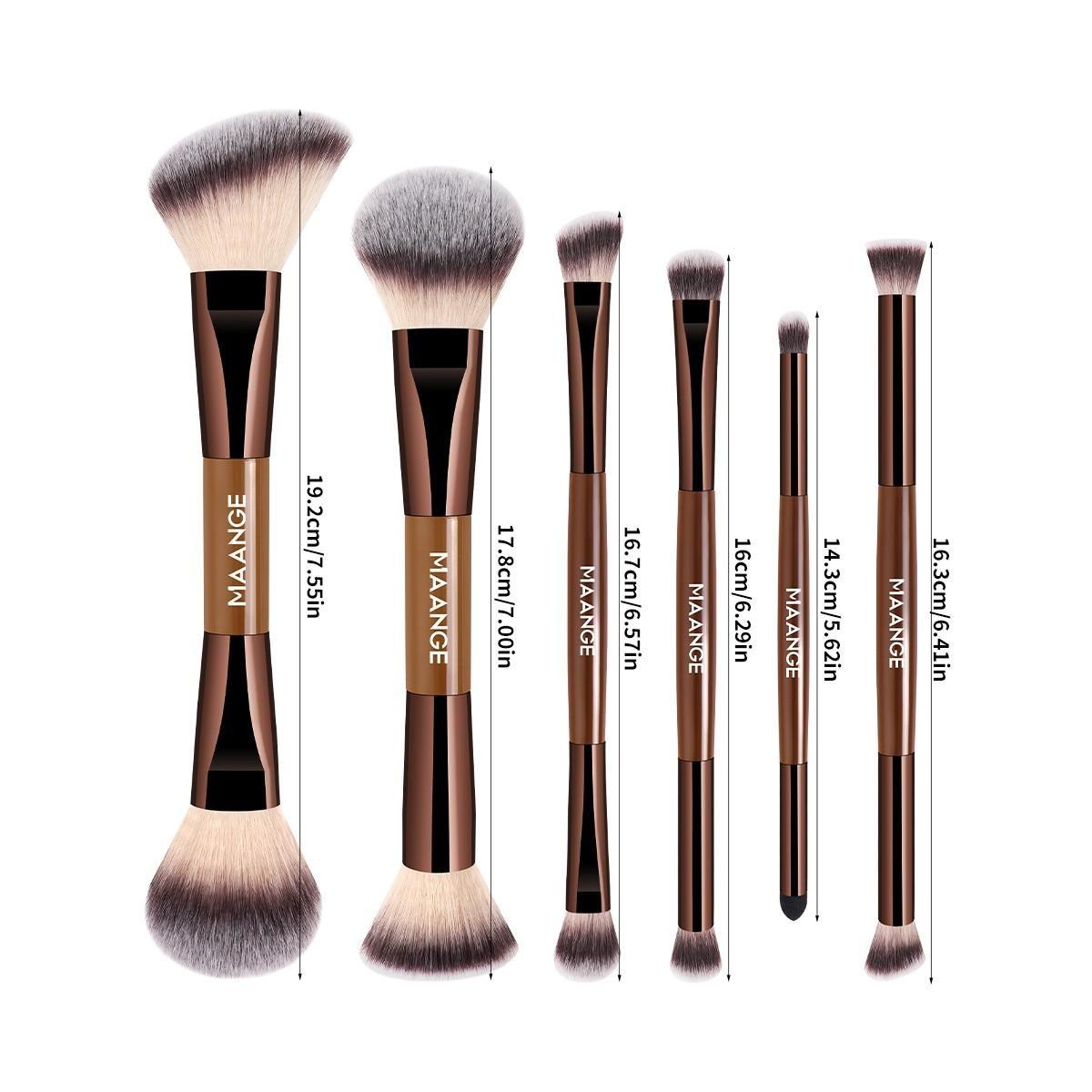 Maange 6-Piece Dual-Ended Makeup Brush Set, Foundation Brush, Blush Brush, Loose Powder Brush, Eyeshadow Brush, Ideal for Beginners