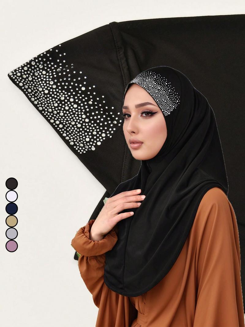 1pc Ranadan Eid Muslim Instant Modest Hijab with Rhinestones, Soft and Breathable Under Cap for Daily Prayer and Outing, Elegant Stylish Ready to Wear