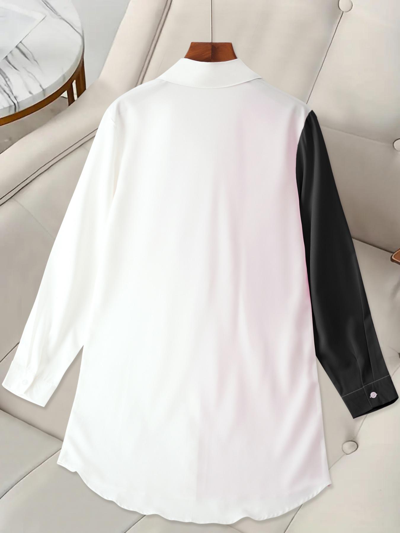 Women's Colorblock Pocket Button Front Curved Hem Shirt, Casual Button Down Long Sleeve Top for Summer, Ladies Clothes for Daily Wear