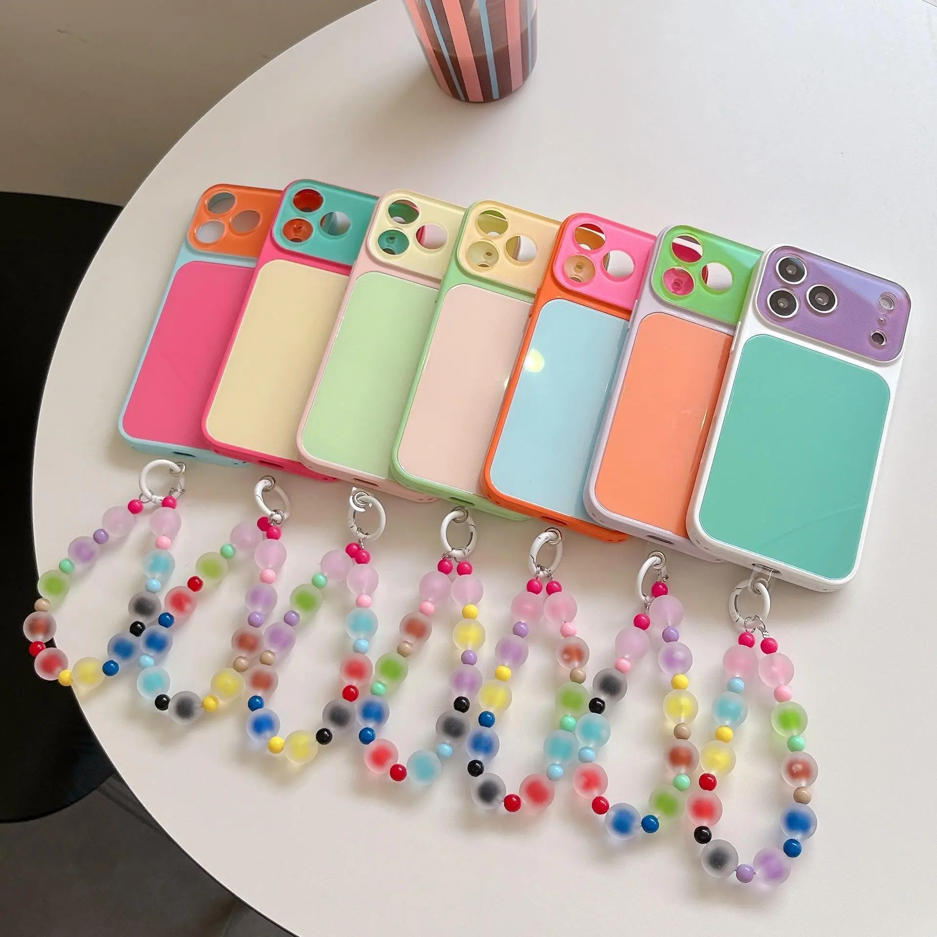 Casing for iPhone 17 16 15 Pro Max, Candy Color Tempered Glass with Beaded Strap, Shockproof Protective Accessories for Girls, Iphone 16, Phone Accessories, Multi-Model