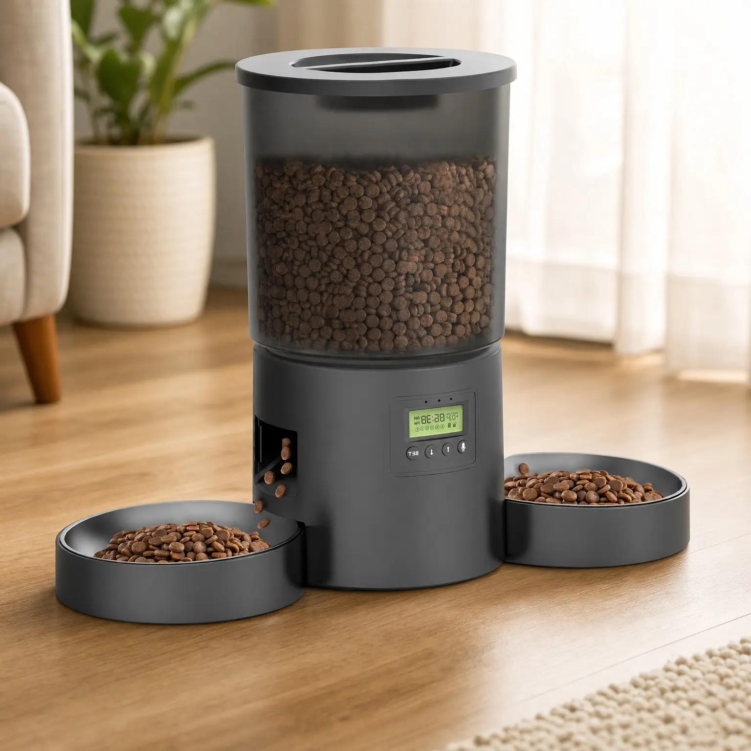 Dual Automatic Cat Feeder for 2 Cats, 4.2L Dry Food Auto Dispenser with Double Stainless Steel Bowls, Dual Power Supply, Programmable Portion Control, 10s Voice Recorder (Transparent Black)Gift