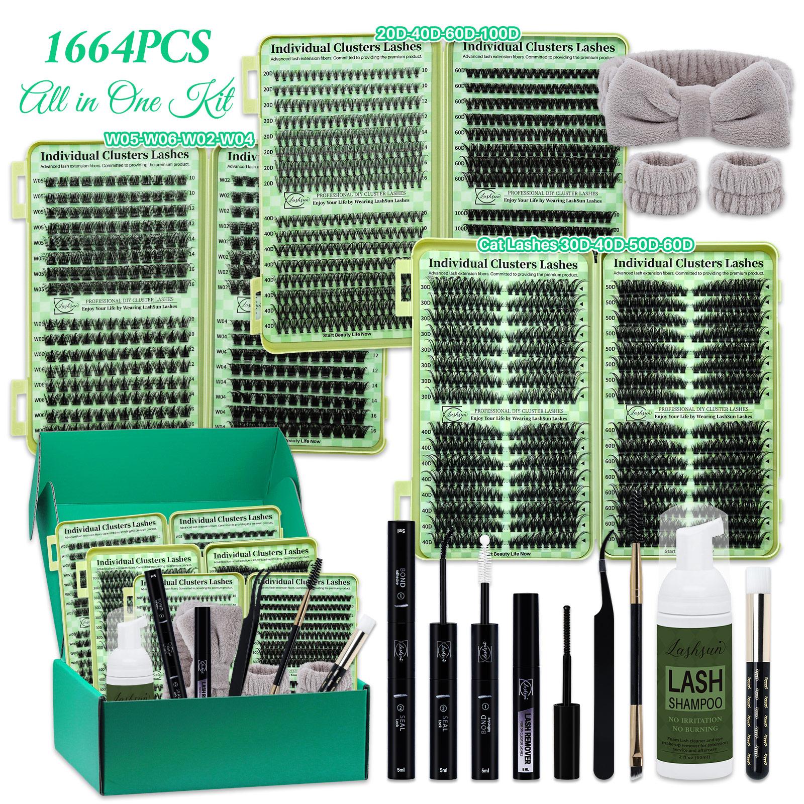 1664 PCS Lash Clusters Kit D Curl 12 Styles Cat/Volume Lashes Book Kit with Bond&Seal, Lash Remover Brush, Lash Applicator, Eyelash Extension Tweezers, Lash Shampoo&Brush, For Beginners&Proficient, Easy DIY at Home & Daily Makeup