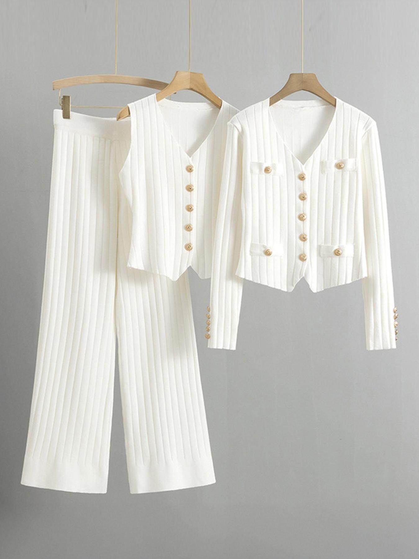 Women's Fall Winter Comfortable Soft Three-Piece Knit Set, V Neck Button Long Sleeve Cardigan & Sleeveless Vest, Elegant KnitikTokMadeMeBuyIt #CasualChic#MatchingSet