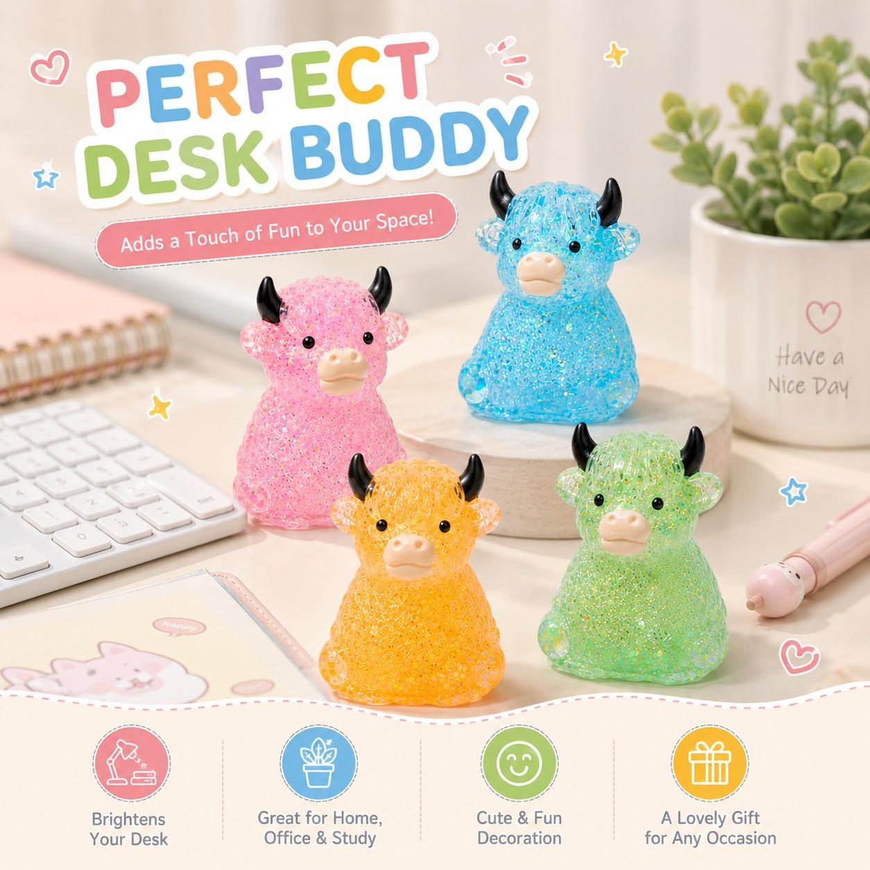 1/2/4 PCS Glitter Highland Cow Squishy Fidget Toy Soft Slow Rising Stress Relief Ball Sparkly Squeeze Sensory Toy For Teens Adults Cow Lovers Desk Relaxation Party Favor