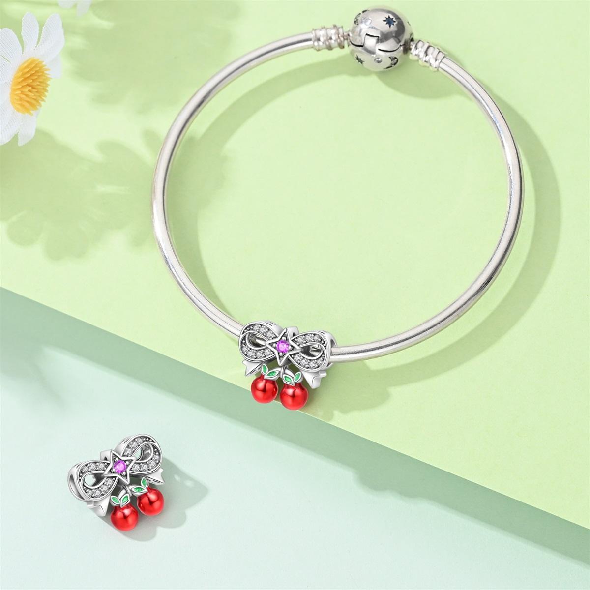 Cherry Bow Charm with Star Gem, Fruit & Leaf Enamel, Cute Girly Jewelry for Pandora Bracelet, Elegant Accessory