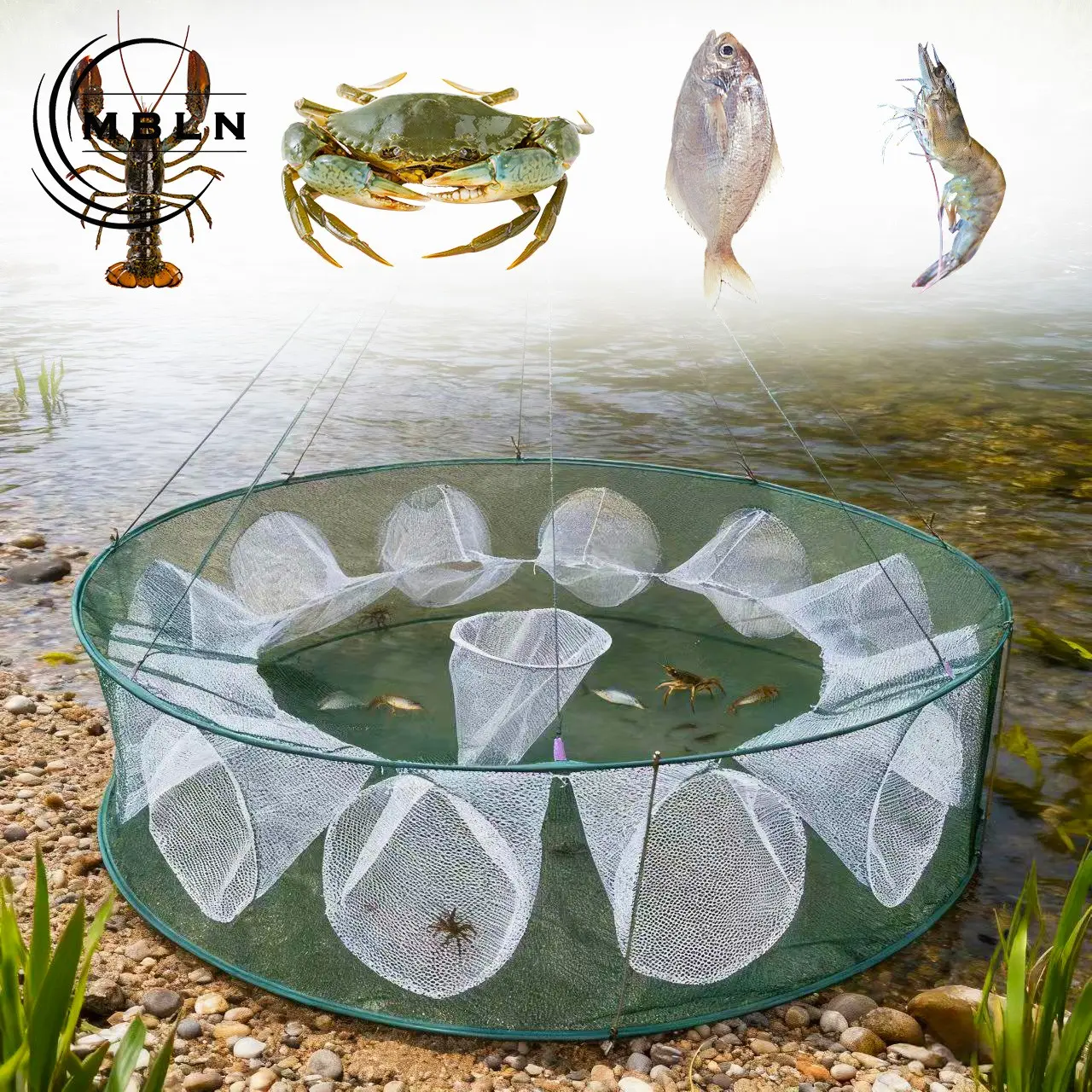 150cm Foldable Crab Trap, Shrimp Net, Fish Trap, Eel Catcher, Mud Carp Fishing Basket, 12-Hole Large Lobster Net, Fishing Tool