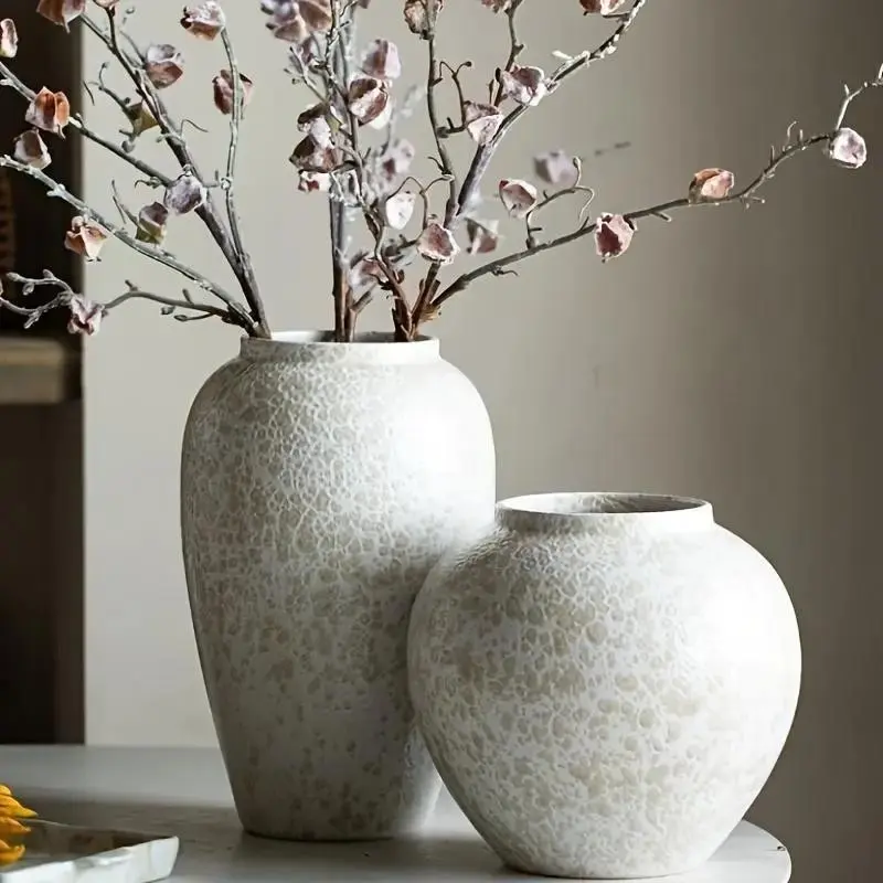 Elegant White Modern Ceramic Vase with Large Texture Design, Ideal for Living Room and Bedroom Floral Displays, Hand Wash Only, No PVC, Kitchen Decor