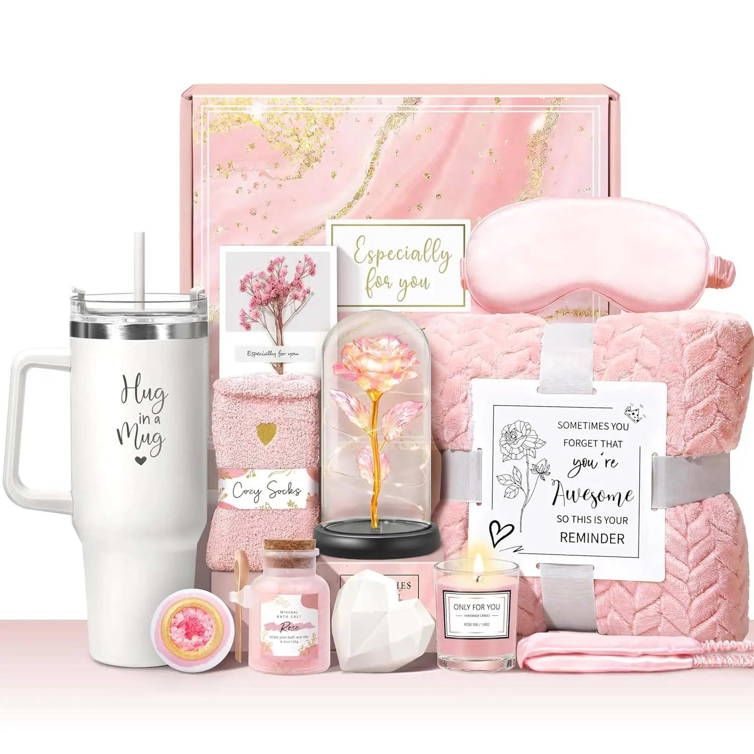 Birthday Gift for Women, 11Pcs Self Care Package Get Well Gift Basket Pink | With 40oz Tumbler with Handle Light Up Rose Blanket Christmas Sending Hugs for Mom Friend Sister Wife