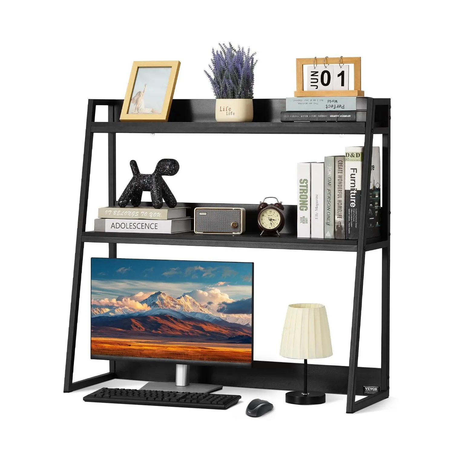 VEVOR Desktop Bookshelf, 2-Tier Desktop Storage Organizer, 37.4" x 12.6"x 35.4" Office Desk Storage Rack Display Shelf, Desktop Bookshelf Hutch with Anti-Slip Feet Pads, for Office, Home Dorm, Black