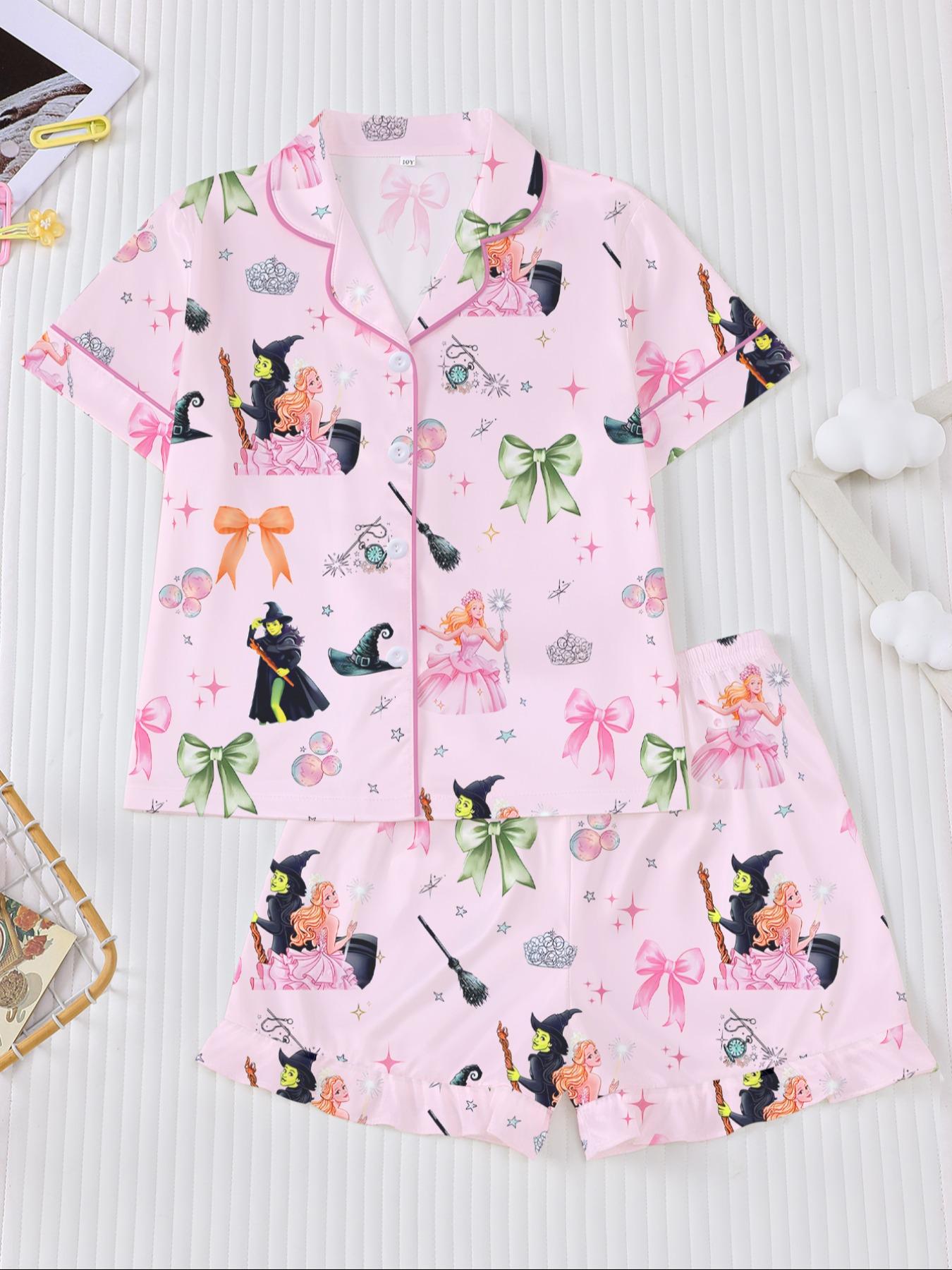 Cartoon Short Sleeve Shorts Pajama Set, New Fire Retardant Button Front Shirt & Loose Elastic Waist Ruffle Pants