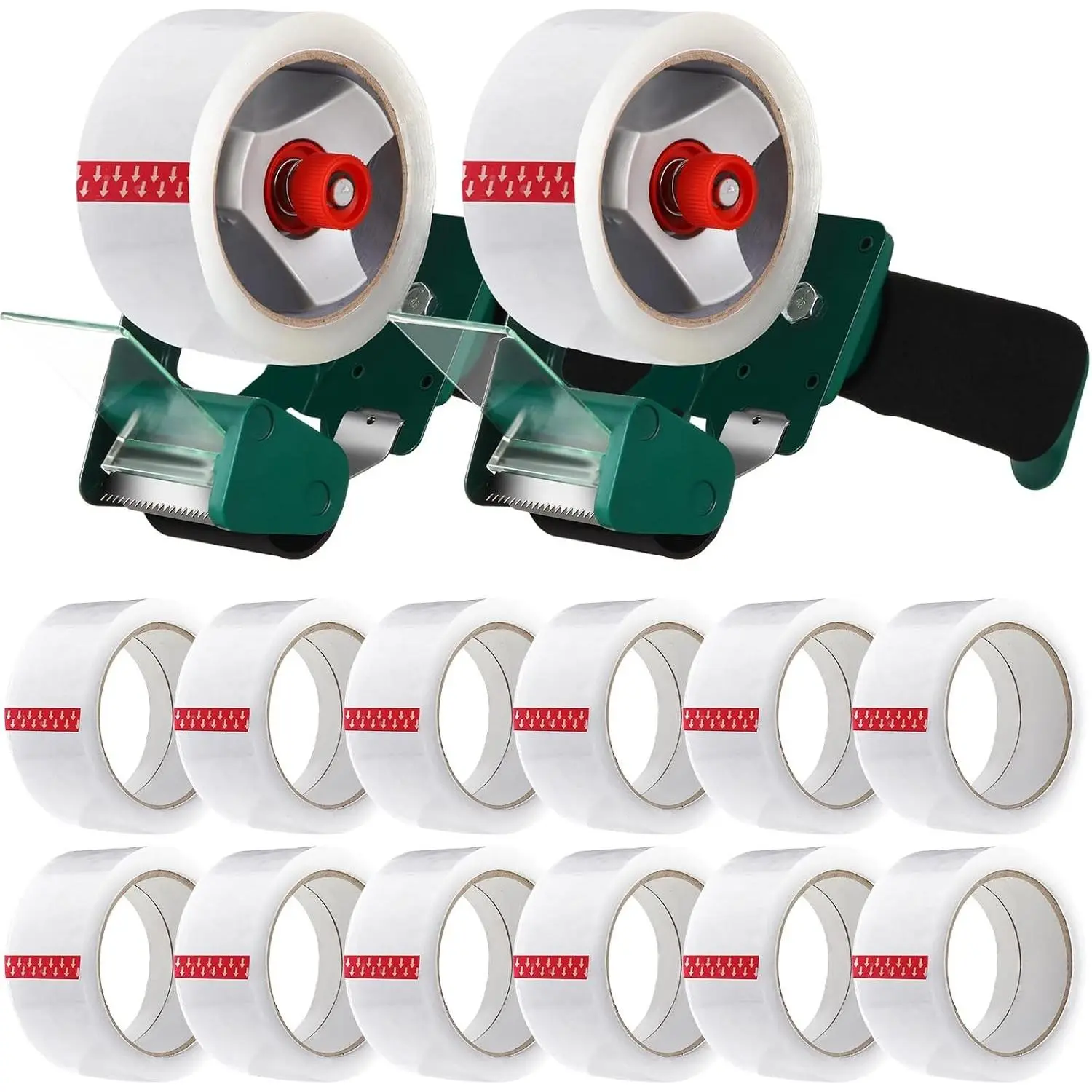 2 Pack Packing Tape Dispenser Gun with 12 Roll Packing Tape 2 Inch 2.7 Mil Heavy Duty Packaging for Shipping, Moving, Carton and Box Sealing (Green)