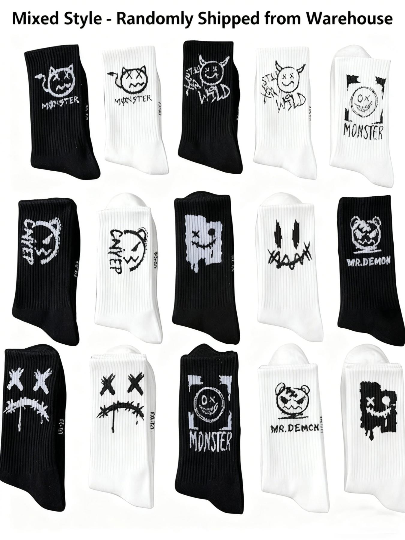 10 Pairs Ghost Face Graffiti Prints Long Socks, Trendy Basketball Sports Mid-Calf Socks, Random Style, All Seasons Fashion, Casual Daily Socks