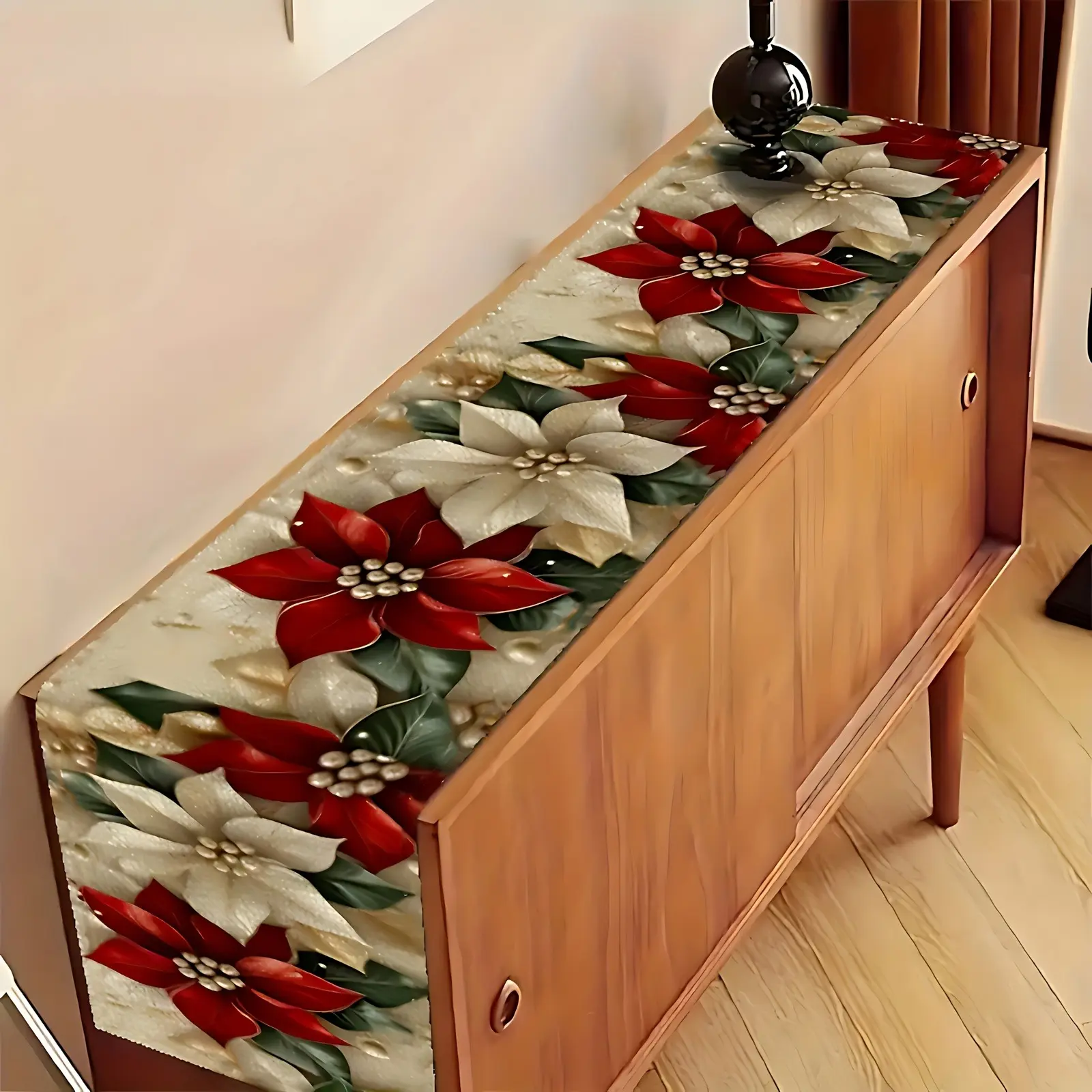 1pc Red Christmas Floral Table Runner with Poinsettias and Gold Accents Dining Table Decor for Kitchens Outdoor Parties and Holiday Gifting Elegant Table Accessory for Christmas and Festive Home Decoration