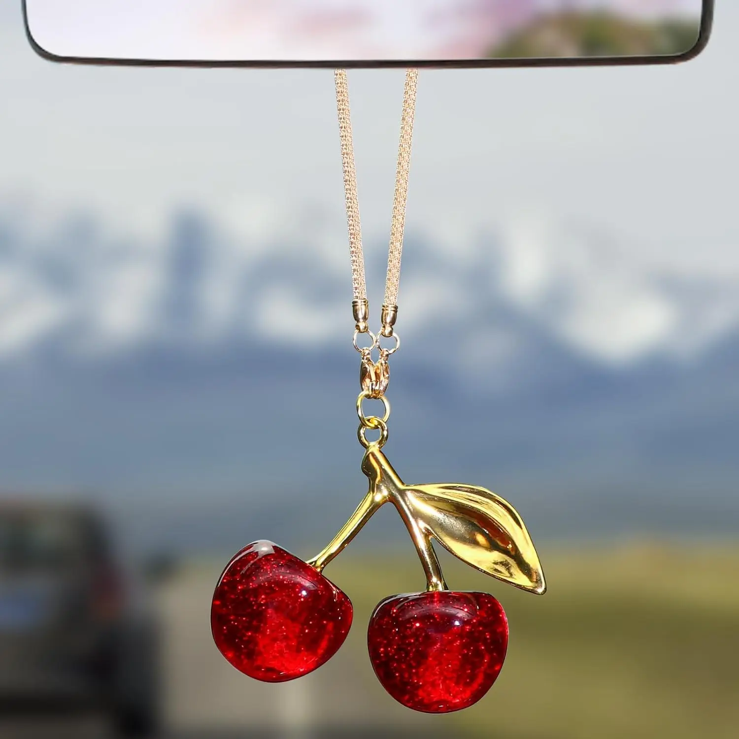 Silver-Red Cherry Rear View Mirror Charm with Hook Clip, Women's Car Accessories