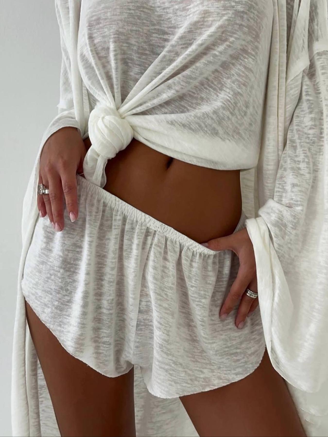 Women's Sheer Fabric Vest Jacket Shorts Set, Elegant Three-Piece, Loose-Fitting Design, Plain Pattern, Perfect for Casual Wear