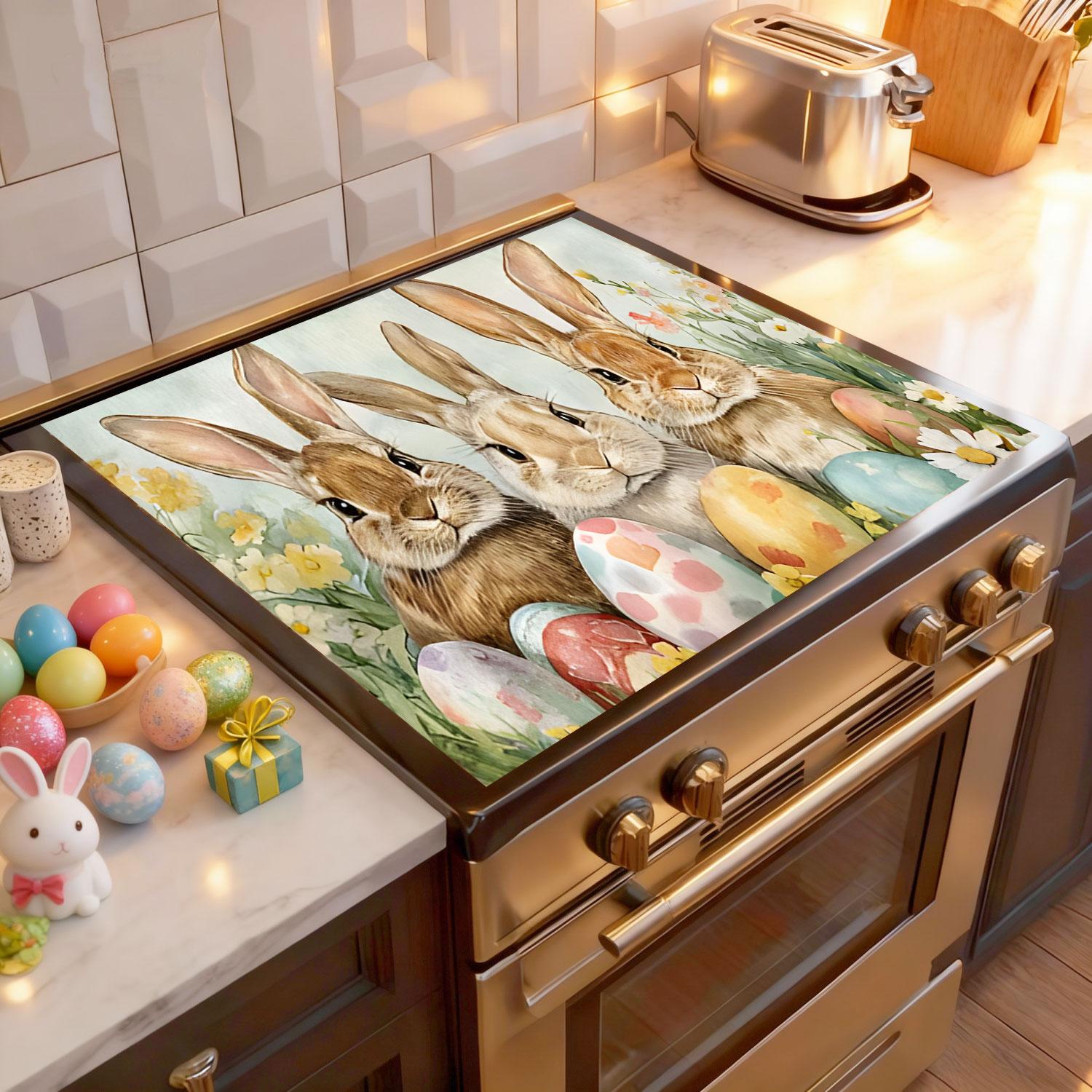 Easter Soft Electronic Stove Panel Protector Pad, Rabbit Bunny Egg Flower Design, Scratch Resistant, Easy to Clean, Multi-Purpose Kitchen Cover