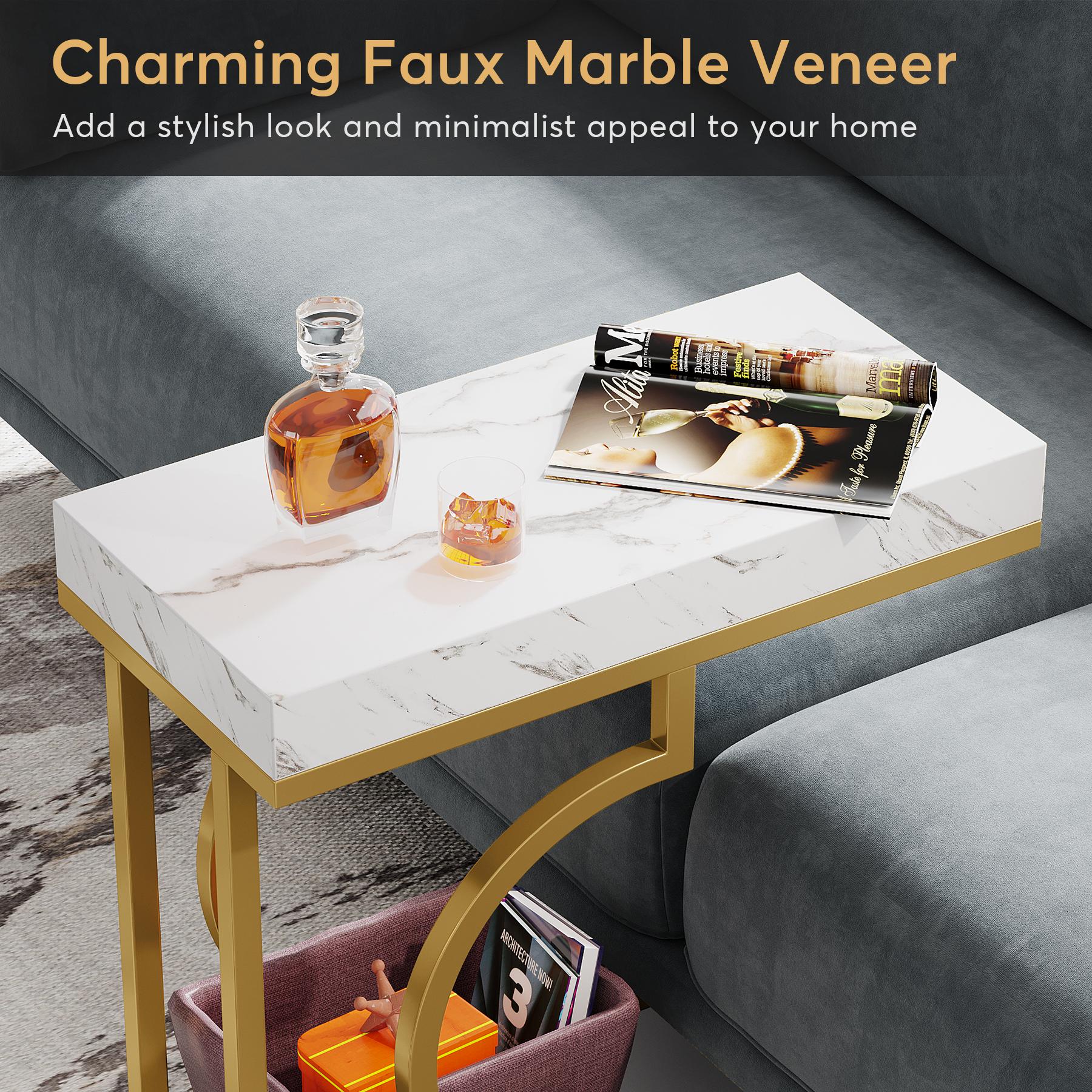 LITTLE TREE Narrow Side Table White Gold Side Table C Shaped End Table Modern Bedside Table Small Side Table for Couch, Sofa Table with Metal Frame for Living Room