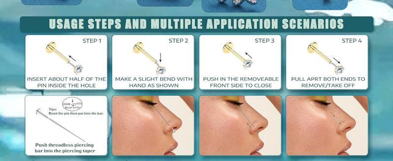 ORAZIO Push-in Stud Earrings 14K Gold Plated 316L Surgical Steel Hypoallergenic 20G 18G Flat Back Multi-Pack for Cartilage Helix Tragus Nose Piercing Jewelry Women