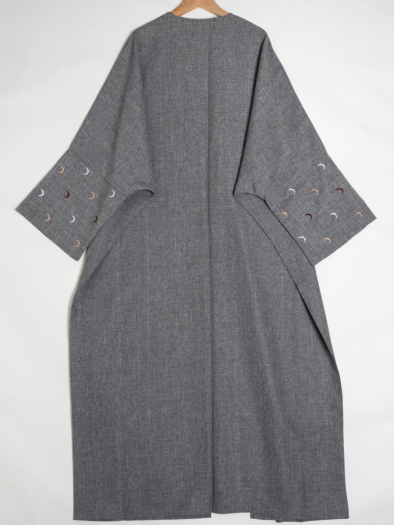 Arabic Clothing- Women's Moon Embroidery Abaya without Hijabs, Summer Outfits 2024, Modest Casual Long Sleeve Open Front Muslim Abaya, Islamic Clothing
