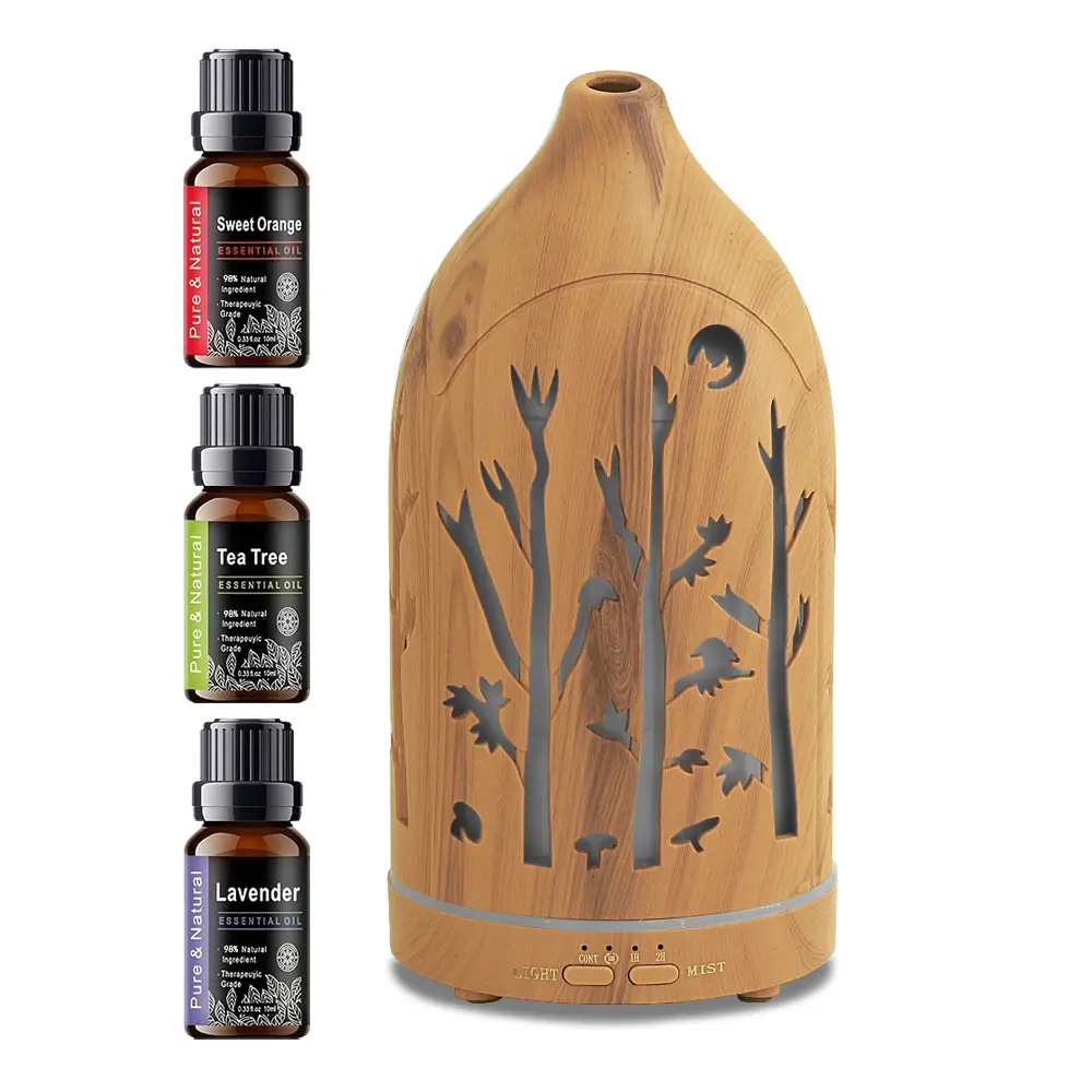 200ml Hollow Wood Grain Ultrasonic Aromatherapy Diffuser with 7-Color LED Night Light, Auto-Shut Off, Humidifier Function, Mist Diffusion, Relaxation Aid & 3 Essential Oils for Home Bedroom Decor
