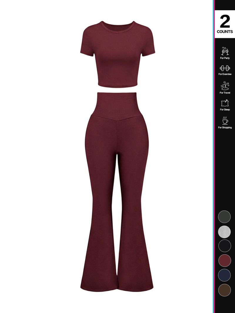 Women's Solid Loungewear Set, Casual Short Sleeve Crop Top & High Waist Flare Leg Pants, Ladies Sleepwear for All Seasons, Pajama Set