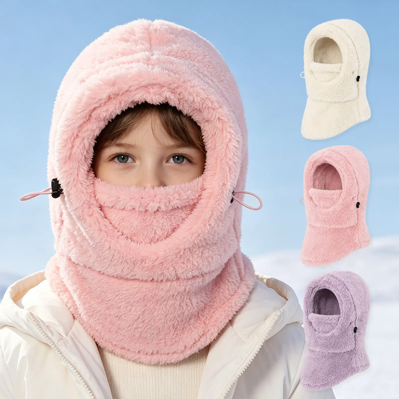 3-in-1 Kids Fleece Balaclava Hat, Cute Plush Windproof Ski Mask Neck Warmer Hood for Toddler Boys Girls, Thick Fuzzy Warm Thermal Winter Cap Face Cover, Outdoor Snowboarding Cycling Gear, Christmas Gift