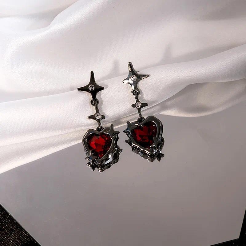 Y2K Gothic Black Liquid Heart Cross Star Pendant Earrings New Red Zircon Love Dangle Earring Irregular Aesthetic Jewelry