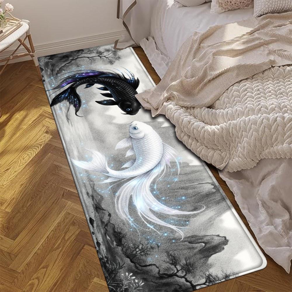 1PC， Black and White Double Fish in Ink - Wash Style Patterned strip rugs, home décor, bathroom mats, entryway mats, bathroom non-slip mats, indoor entrance rugs, bedroom bedside mats, kitchen mats, hallway rugs, flannel sponge rugs, hallway runner rugs