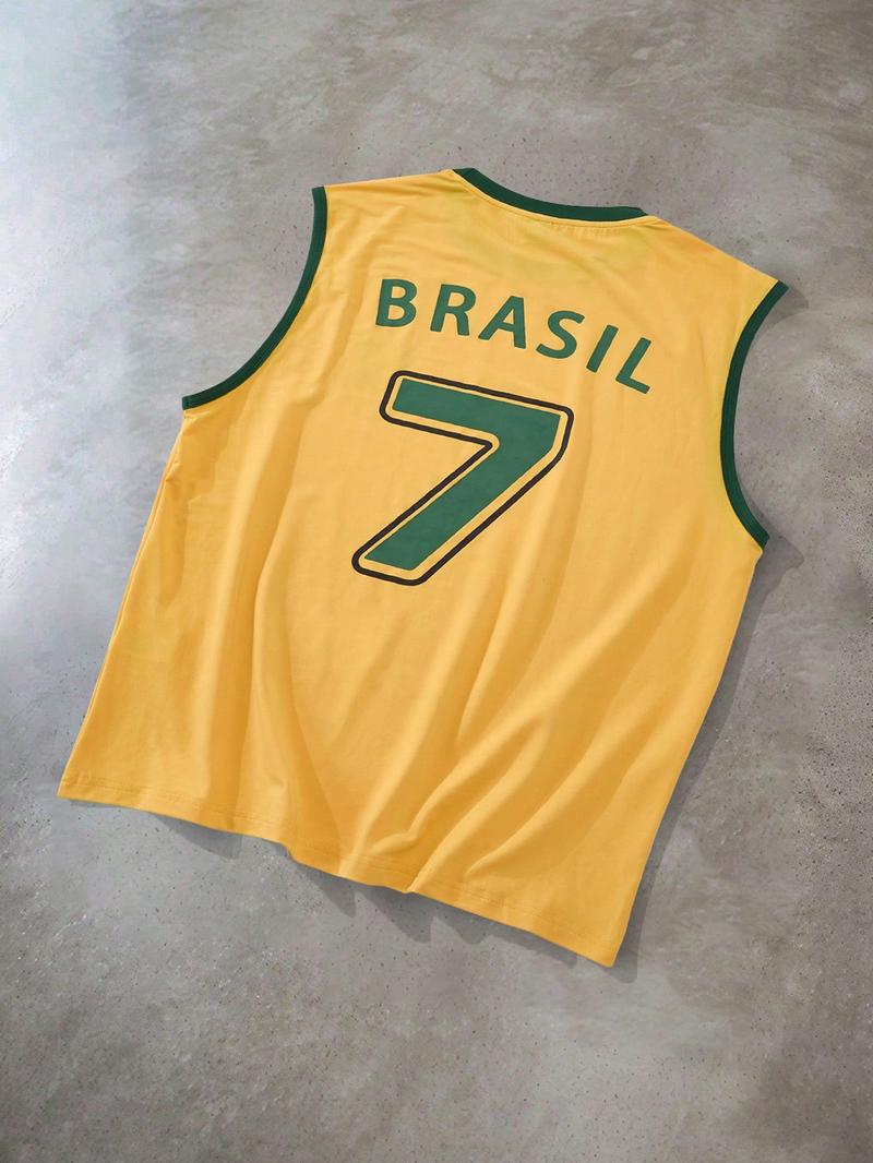 Men's Brazil Flag Print Tank Top, Vest Top, Regular Fit Casual Comfy Sleeveless Top for Summer, Men's Clothes for Daily Wear, Socks