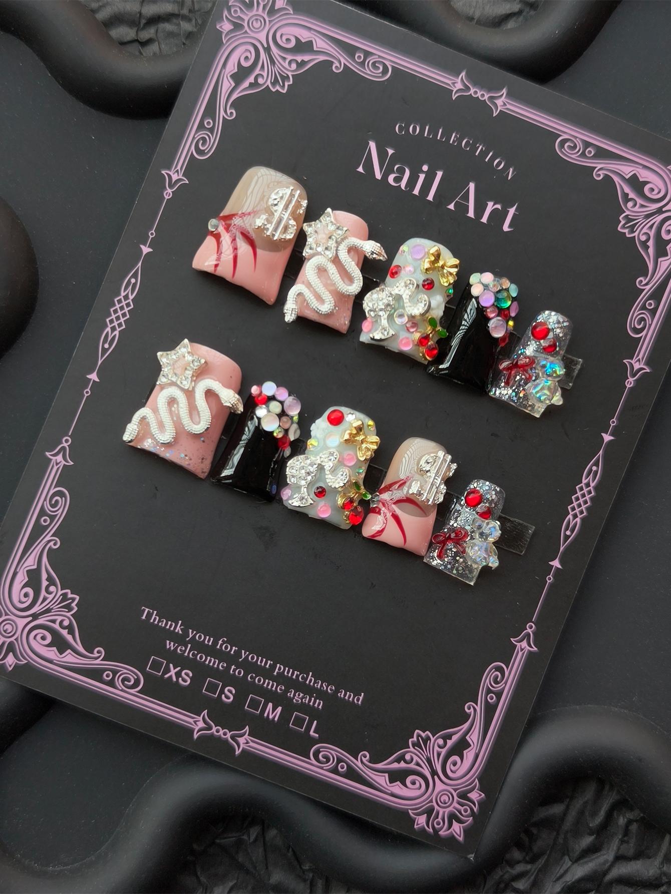 Y2K Style Punk Handmade Nails, Medium Length, Glossy Finish, Snake and Coin Patterns, Party and Daily Wear, Perfect Gift